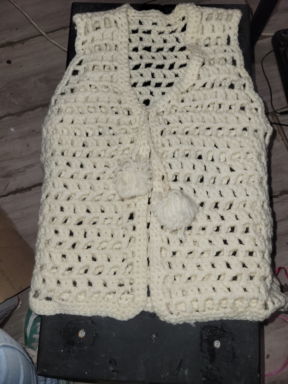 Cream Crochet Openwork Vest with Tassel Ties AA55